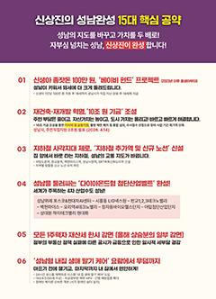 기호 2번-성남 첫, 희망시장. 신상진 / 시민 자산 가치 극대화. 무주택 세입자도 함께! 상생과 공존의 재개발로 성남의 품격을 높이겠습니다. / 1. 재개발&middot;재건축 신속한 추진기반 확보 및 추진 - 1) 재건축 용적률 상향, 종상향, 30년 이상 노후공동주택 건축안전진단 완화. 2) 취임 즉시 성남시 도시 및 주거환경기본계획 신속한 전면 수정, 재정비기간 이주전용단지 조성 추진. 3) 취임 즉시 분당 빌라단지 종환원 추진. 4) 분당 단독주택 용적률, 건폐율 상향. / 2. 상생과 공존의 재개발 - 1) 무주택 세입자도 함께 살수 있는 상생과 공존의 재개발. 2) 3차 고도제한 완화 장기적 서울공항 이전 추진. 3) 공동주택 리모델링 사업지원. / 3. 성남시 귀속 개발이익은 교통시설 확충, 청년들의 자산형성 지원 등 성남 미래경쟁력 향상을 위해 전액 사용. - 1) 현행 '철도기금'응ㄹ 확대 개편하여 철도망 구축뿐만 아니라 버스준공영제 등 광역 및 시내 교통체계 확립을 위해 투자. 2) 개발이익의 일정부분을 증권화 또는 블록체인화(NFT)하여 성남시 청년들에게 제공하여 청년들의 자산형성 지원.