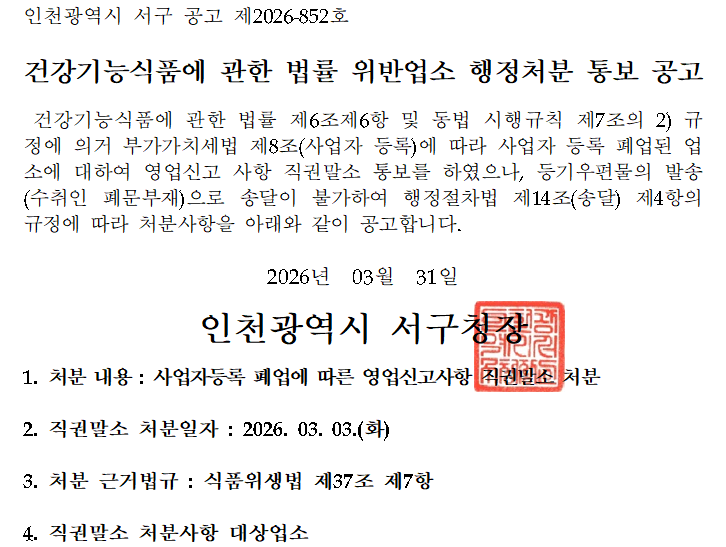 건강기능식품에 관한 법률 위반업소 행정처분 통보 공고