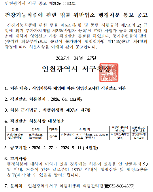 폐업(말소)에 따른 영업신고사항 직권말소 처분 통보 반송분 공시송달 공고